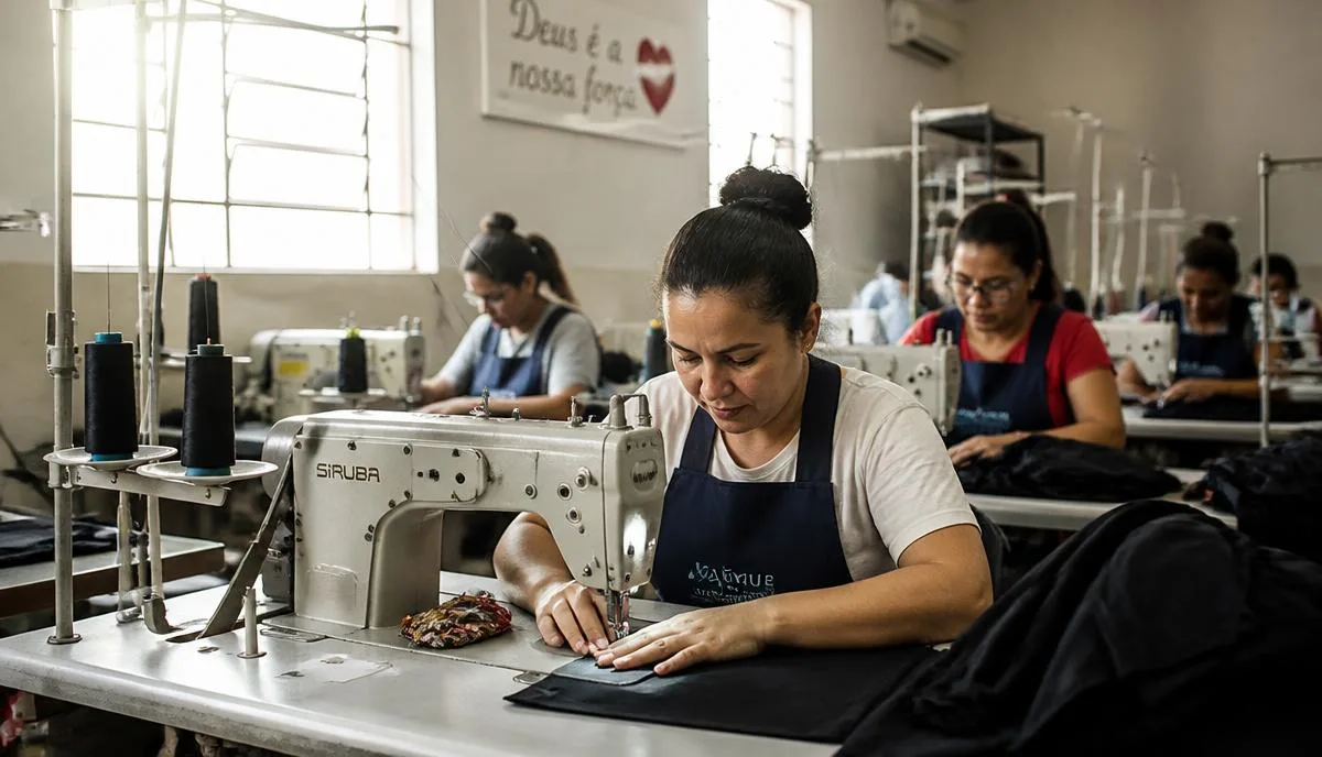 Interior de confecção têxtil em cidade do interior de São Paulo, com costureiras trabalhando em máquinas industriais