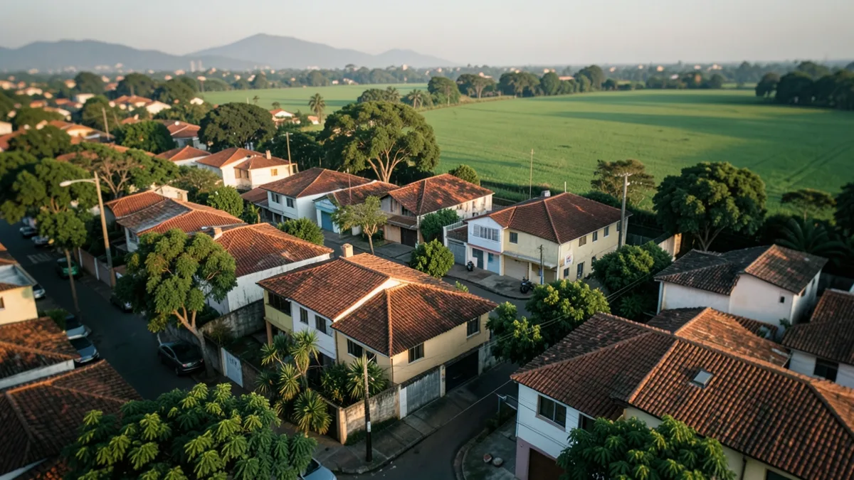 Vista de cidade pequena do interior paulista ao entardecer com casas baixas e árvores