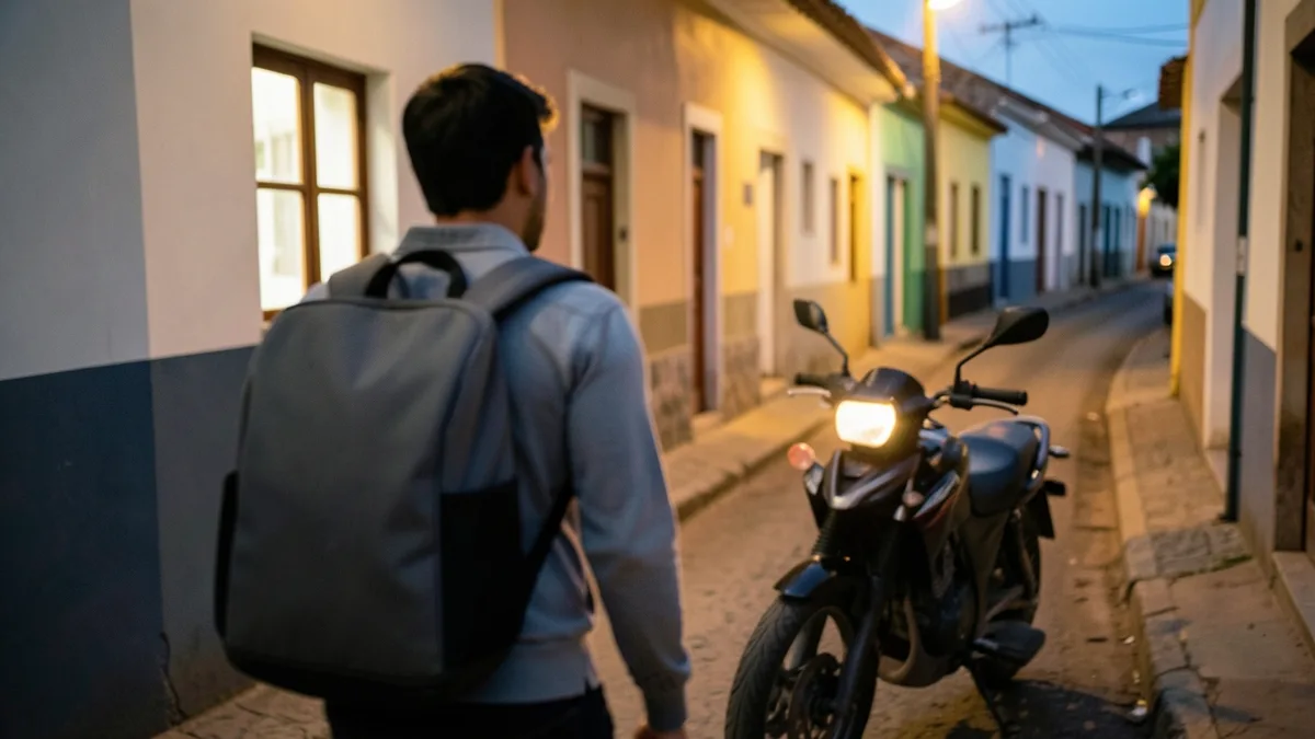 Entregador de costas com mochila térmica em rua de cidade do interior ao entardecer