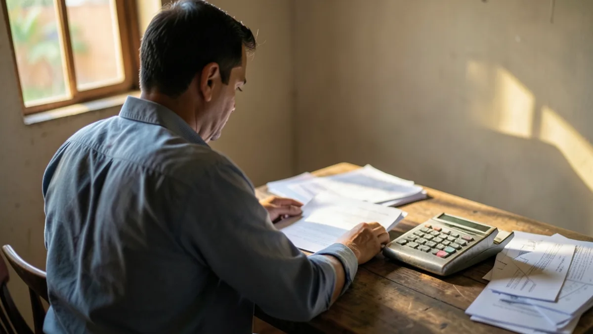 Empresária de costas revisando pastas e calculadora em mesa de escritório de pequena empresa