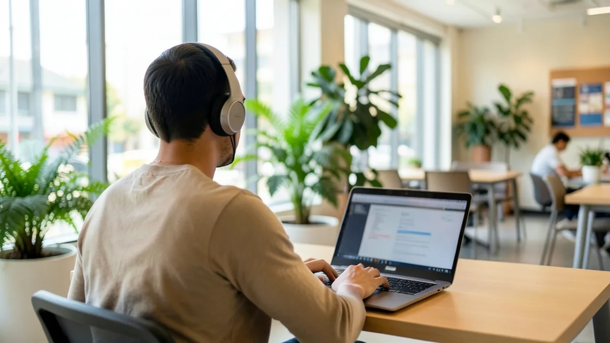 Profissional de costas trabalhando no notebook em espaço de coworking iluminado