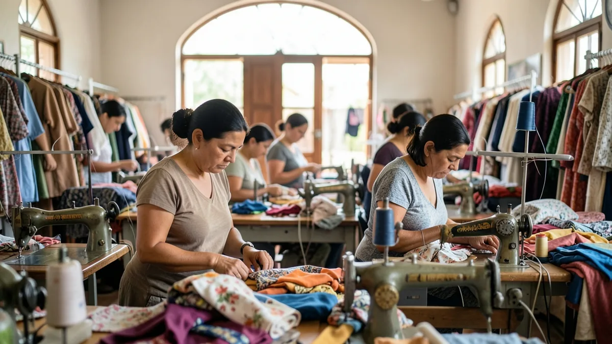 Oficina de confecção com fileiras de máquinas de costura e costureiras trabalhando em tecidos coloridos