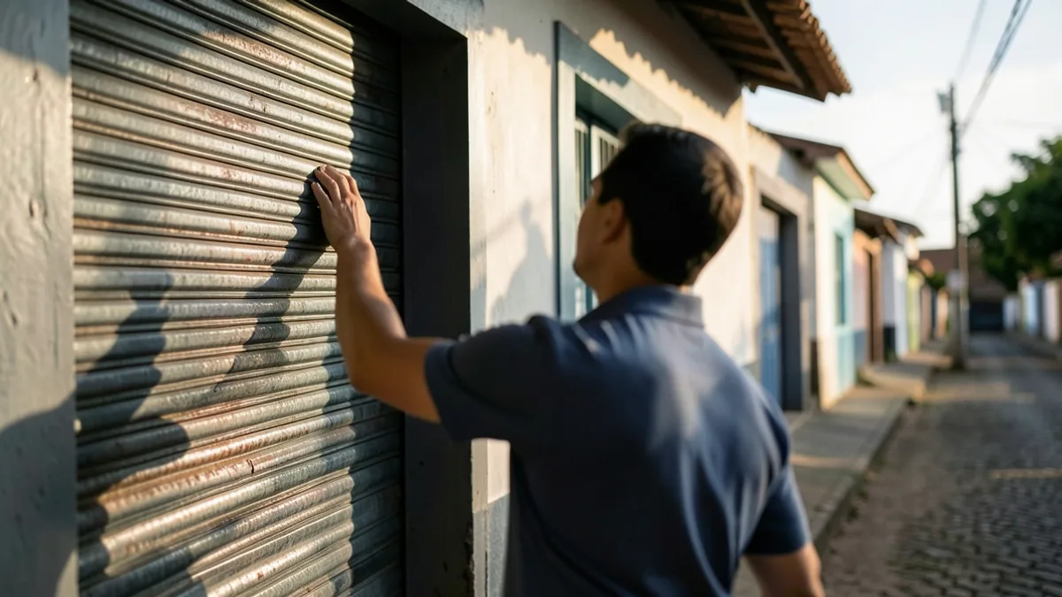 Empresário de costas diante da porta de aço de pequena loja em rua do interior