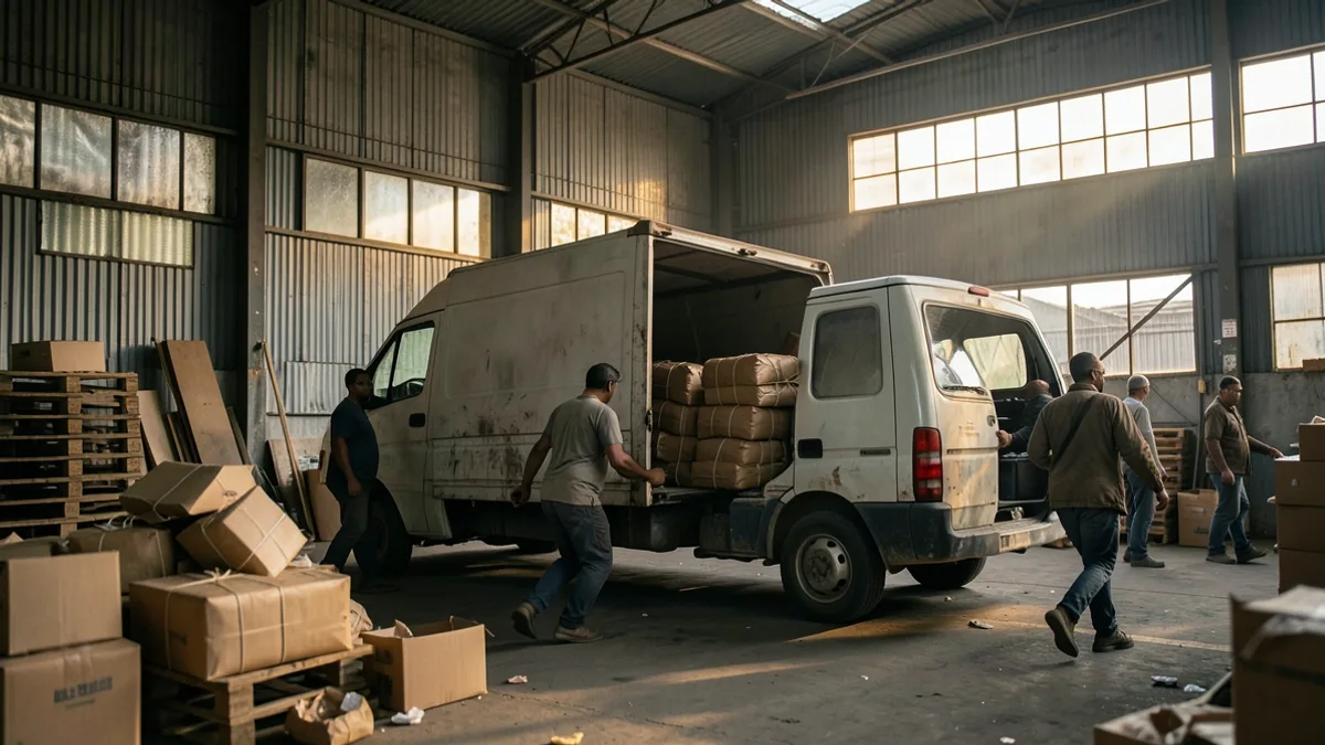 Van sendo carregada com encomendas na doca de pequeno galpão em distrito industrial do interior
