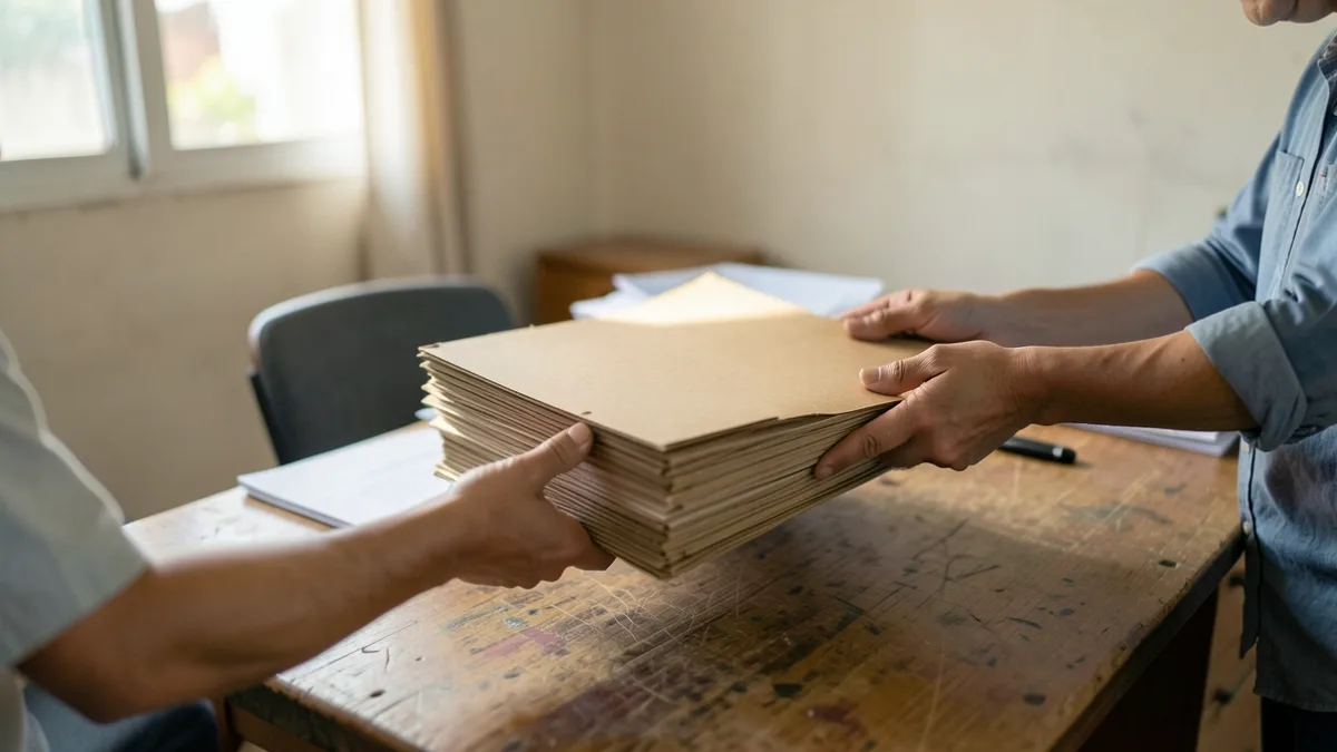 Mãos entregando pastas de documentos sobre mesa de madeira em escritório simples de cidade pequena